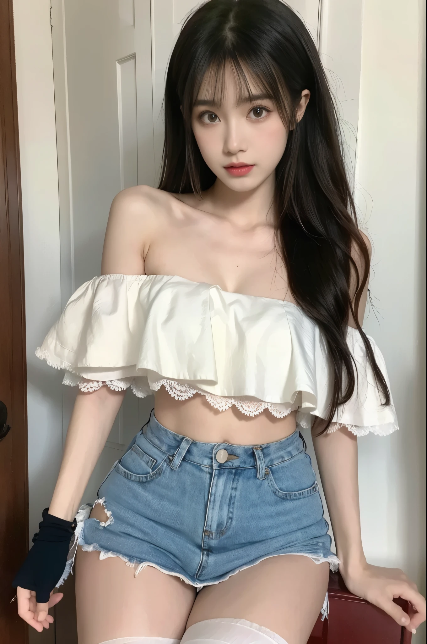 off-shoulder 比基尼,off-shoulder 比基尼, [insert color] 比基尼, ((Bare shoulder)), Double eyelids，Skin Whitening，Long hair，Whitening long legs，Standing by the sea, Fashion Girl, Red lips, Sweet Girl, Beautiful makeup, detail, lifelike, Very detailed, Astonishing, beautiful, Young and energetic, high quality，HD, Colorful， Beautifully, Smooth skin, The skirt is very short, Official Art, Extremely detailed, Movie atmosphere, Soft colors, Natural skin texture, Random scene, random shooting Angle, Black over-the-knee socks, lace hem