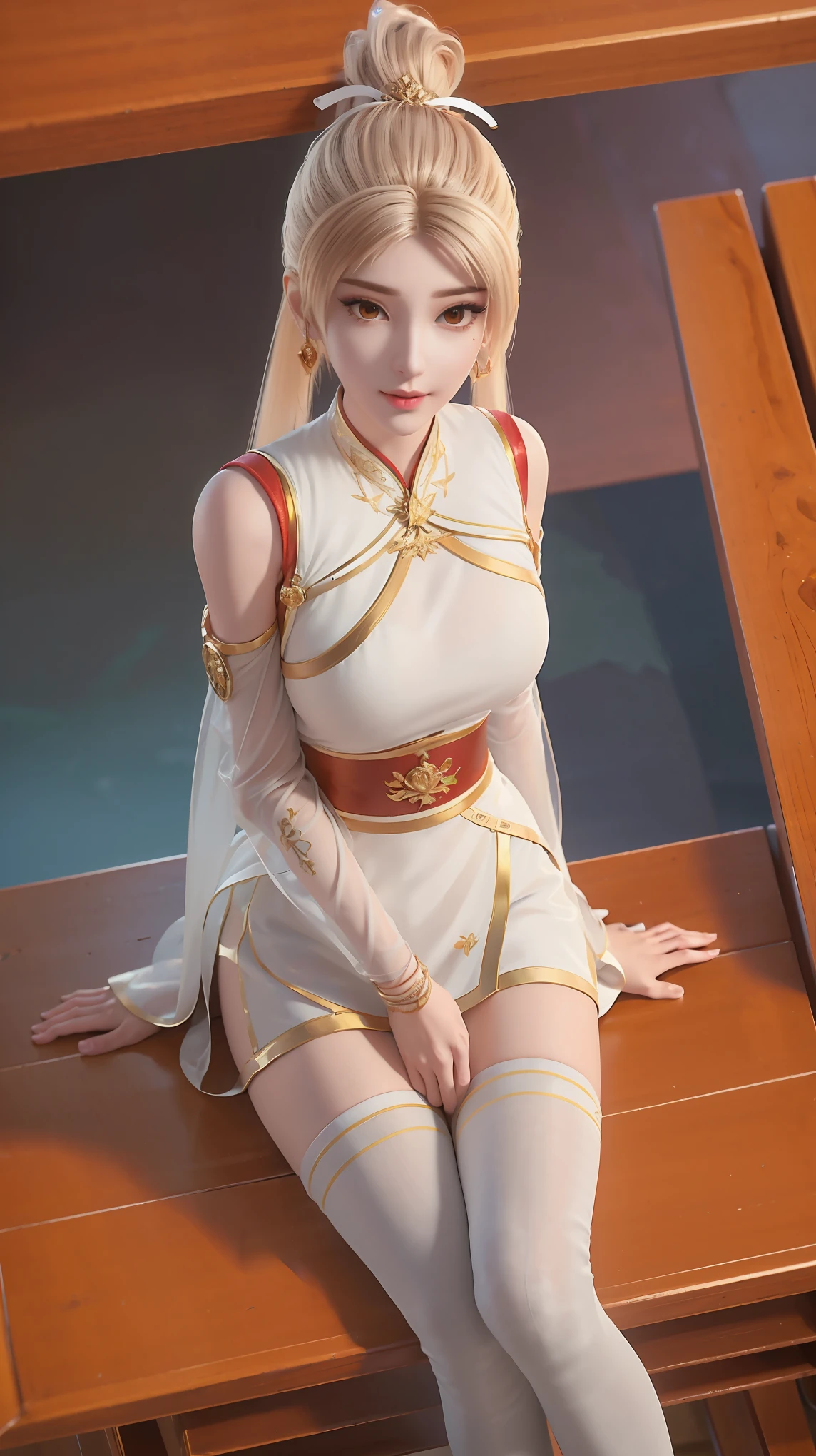  Ali_role play, whitetail, Black long hair, Yellow eyes,  ((whole body)), ((Shot from random angles)), ((Sitting)), ((In class, Sitting on the podium)), (yushuxin,1 Girl,Solitary), Clear face, Pretty Face, 8K, masterpiece, original photo, best quality, detail:1.2,lifelike, detail, Very detailed, CG, Unite, wallpaper, Depth of Field, light, lens flare, Ray Tracing, (Extremely beautiful face, Beautiful lips, beautiful eyes), complex, detail的脸, ((ultra detailed skin)), 1 girl, in the darkness, Deep Shadows, Beautiful Korean girl, Korean Idol,(Very slim figure:1.3), Full , Large , Slender  legs, Very beautiful legs, Elegant Posture, (A bright smile), (City night, (Neon), (night), Beautiful Korean girl, White Diamond Earrings, Bracelet diameter, Deya Necklace, Clear eyes, (big eyes)