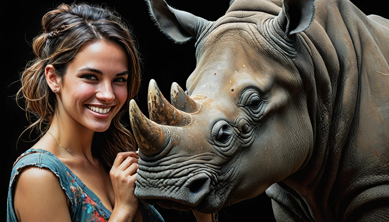 half  body,
a woman smile  with her best friend her rhinoceros,
dark complex background, style by Thomas Kinkade+David A. Hardy+Carne Griffiths+Mandy Disher half vivid colors fine art, best quality, high detailed, detailed faces, 2d,