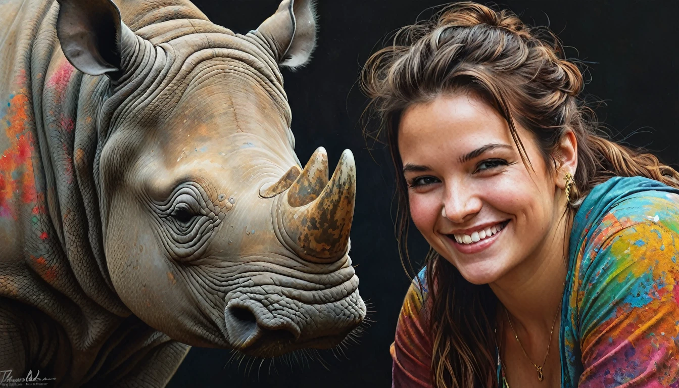 half  body,
a woman smile  with her best friend her rhinoceros,
dark complex background, style by Thomas Kinkade+David A. Hardy+Carne Griffiths+Mandy Disher half vivid colors fine art, best quality, high detailed, detailed faces, 2d,