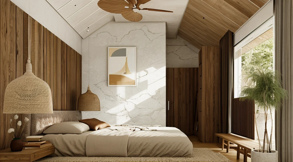 Bedroom interior, wabisabi style, wabisabi, (actual: 1.2), Raw photo, Masterpiece, high quality, Has a large glass area to let natural light shine in, best quality, authentic, super detailed details, cinematic lighting, rough walls, wooden ceiling with light slits