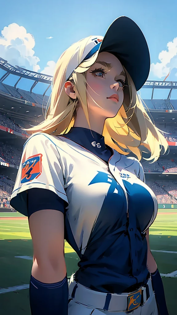 Baseball uniform、Large Breasts、Looking up at the sky、Blonde、Upper Body、Stadium、22 years old。
