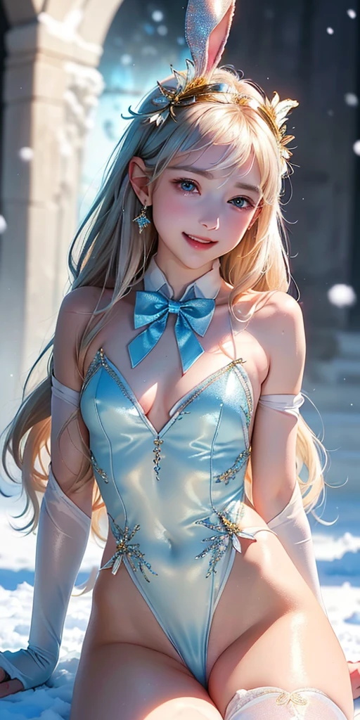 masterpiece, best quality, extremely detailed CG unity 8k wallpaper,((Upper Body)) ,((Upper Body head close-up shot of a beautiful little girl)), , Elegant Long straight blonde hair, (Mckenna Grace), ((flat chest,thighs,Autoluminescence skin)), (Silver-blue) golden (Glittering tutu,long Bunny Ear Headgear, , Bow-tie, No panties, genitals visible), ((spread legs)),(), (Blush), , (seductive smile), (A world of ice and snow), pretty face, key art, award winning, intricate detail realism hdr, by (ruan jia and artgerm and range murata), Photorealism, Hyperrealism, ultra realistic, dramatic light, intense shadows, gorgeous view, depth of field