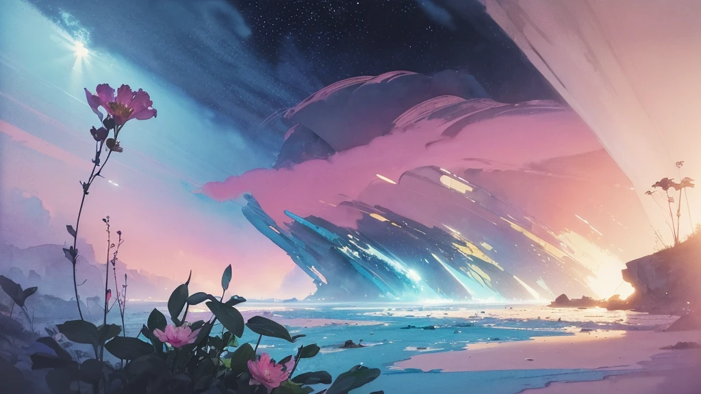 32k, Masterpiece, Highest quality, One girl, Detailed eyes, flower,Alstroemeria, Pink and light blue style,A dreamy, romantic piece,Pale yellow, Mysterious Leaves,A playful arrangement,Fantasy,High Contrast,Ink strokes,explosion,Exposure, Impression of pink and light blue tones,Abstract,((Watercolours by John Berkey and Jeremy Mann )) Brush strokes,Negative Space, Tyndall effect,