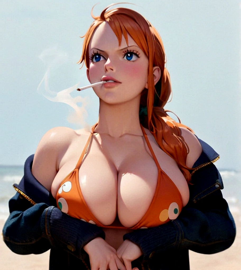 a cartoon picture of a woman in a bikini top and jeans, nami one piece, nami from one piece, nami, beautiful portrait of nami, from one piece, oppai, blue eyes, smoking, ponytail