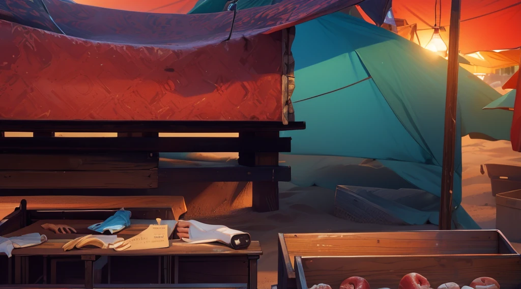 market stall, market tents, they sell human hand and feet on the table, human meats in the wooden box, wooden table, sand ground, dawn time, dark morning,