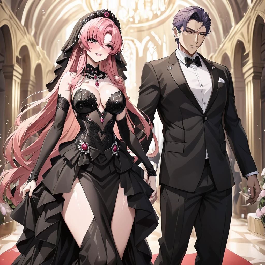 ((Highest quality)), ((masterpiece)), (detailed), （Perfect Face）、The woman is Lacus Clyne, with medium-long pink hair, and is wearing a gorgeous, jeweled, , and  black wedding dress, a gorgeous black wedding veil, and gorgeous jeweled accessories in a gorgeous evil bridal outfit.、In a luxurious church wedding hall, a woman is holding onto the arm of a dignified and sturdy middle-aged man dressed in a luxurious black outfit, the evil emperor, at his wedding.、The woman has long hair