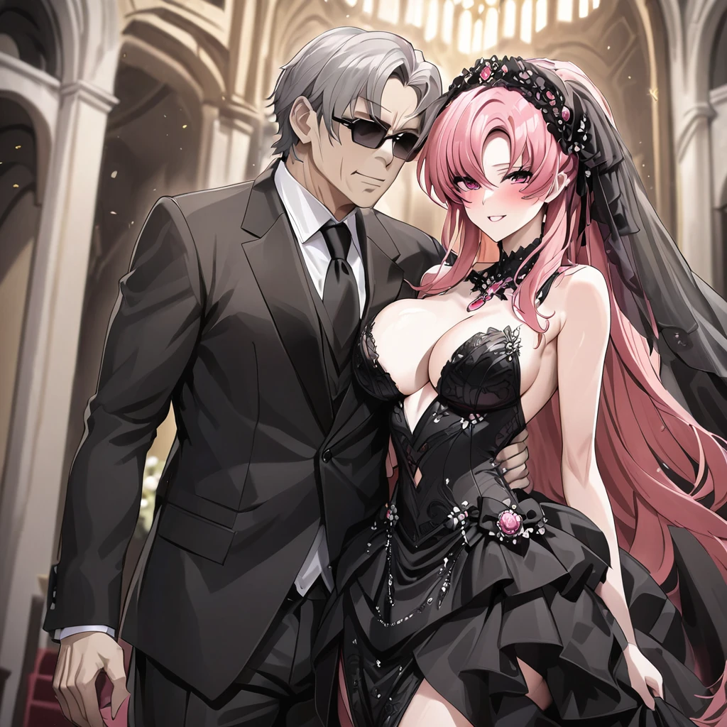 ((Highest quality)), ((masterpiece)), (detailed), (Perfect Face)、The woman is Lacus Clyne, with medium-long pink hair, and is wearing a gorgeous, jeweled, sexy, and seductive black wedding dress, a gorgeous black wedding veil, and gorgeous jeweled accessories in a gorgeous evil bridal outfit.、In a luxurious church wedding hall, a woman is holding onto the arm of a dignified and sturdy middle-aged man dressed in a luxurious black outfit, the evil emperor, at his wedding.、The woman has long hair