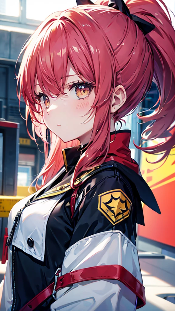 profile background, anime girl, serious face, ponytail, long red hair, blush, eyes yellow, student clothing, high-res portrait, detailed eyes and face, character, fantasy, advanced urban, 4K, high resolution