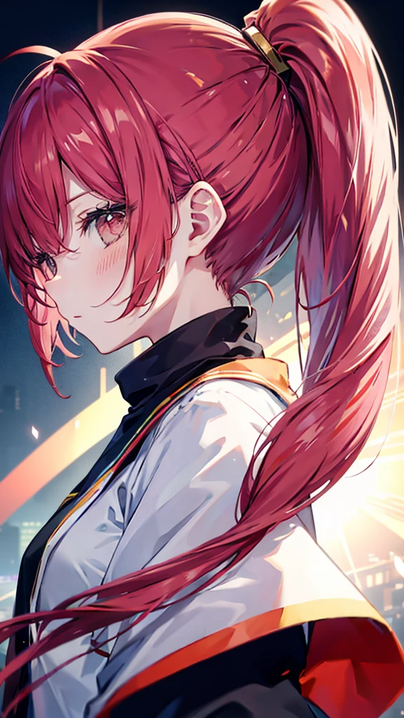 profile background, anime girl, serious face, ponytail, long red hair, blush, eyes yellow, student clothing, high-res portrait, detailed eyes and face, character, fantasy, advanced urban, 4K, high resolution