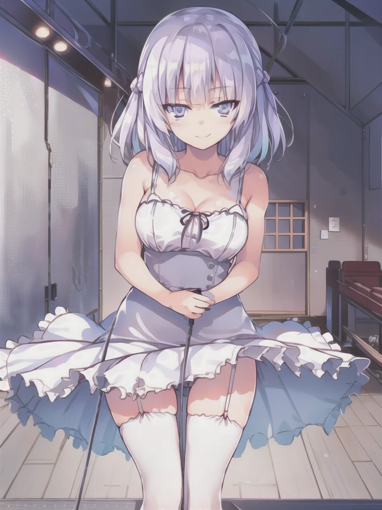 A girl,short hair, Bangs, White hair, Hair between the eyes, Purple Eyes:(1.5), (Large Breasts:1.2),
rest 锁骨, Wedding dress,veil,wedding,White dress,Flowers,Broken skirt,White socks,Tights,White knee socks,
looking at viewer, whole body,
indoors, church,Standing,Standing,
rest (masterpiece:1.2), best quality, high resolution, Unity 8k Wallpaper, (illustration:0.8), (Beautiful and delicate eyes:1.6), Extremely detailed face, Perfect lighting, Extremely detailed CG, (Perfect hands, Perfect anatomical structure),