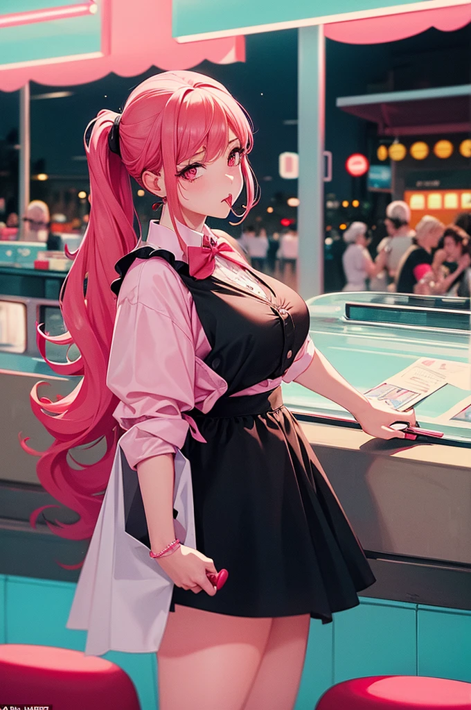 A classic American diner scene of a buxom waitress leaning against the counter, long ponytail bouncing as she flips through her order pad. She wears a bubblegum pink poodle skirt dress with a bright white apron tied around her slim waist. Black saddle shoes tap patiently as she waits for the next order, red manicured nails tapping the pencil. Pink-tinted lips blow a bubble with her chewing gum as strums a little tune under her breath. All around her the shiny chrome and neon lights evoke the lively atmosphere of a 1950s late-night hot spot