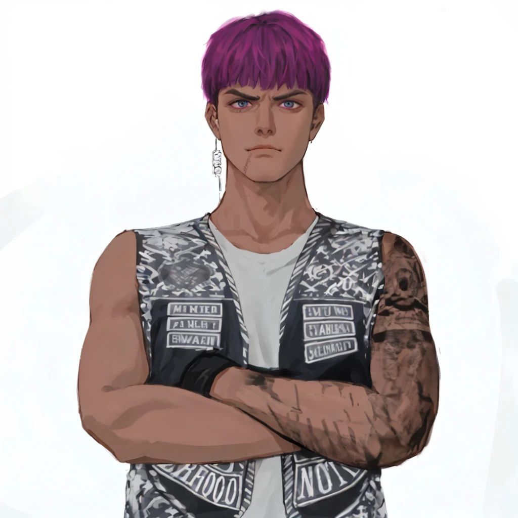 (masterpiece:1.2, best quality), (1men, solo, upper body:1.2),flat face,Hair: buzz cut,Clothing: oversized, distressed denim jacket with patches and pins, paired with black skinny jeans and combat boots, Hanging out in an underground music venue or street art exhibit