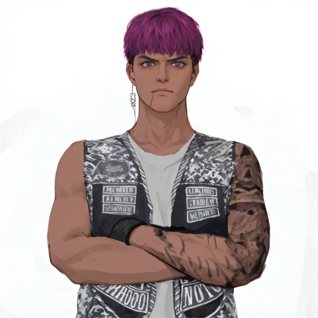 (masterpiece:1.2, best quality), (1men, solo, upper body:1.2),flat face,Hair: buzz cut,Clothing: oversized, distressed denim jacket with patches and pins, paired with black skinny jeans and combat boots, Hanging out in an underground music venue or street art exhibit