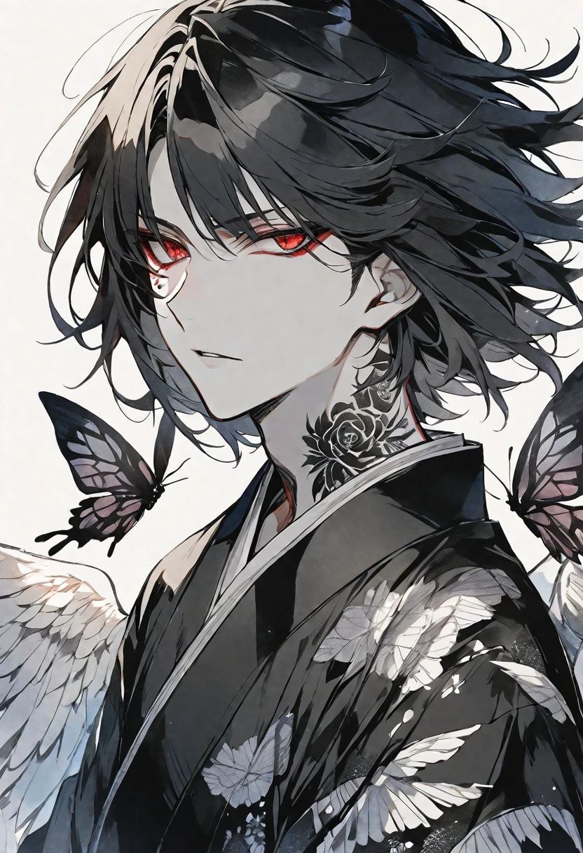 solo,handsome, monotone,Watercolor,
1. male,
bangs,Straight Hair,Bob Hair, マンバン ,
black hair, Gojo Satoru,angel wing,
red Eyes,Black Rose Tattoo,butterfly Tattoo,
Black kimono,Japanese Pattern,
skin,Silver Accessories,
White background,