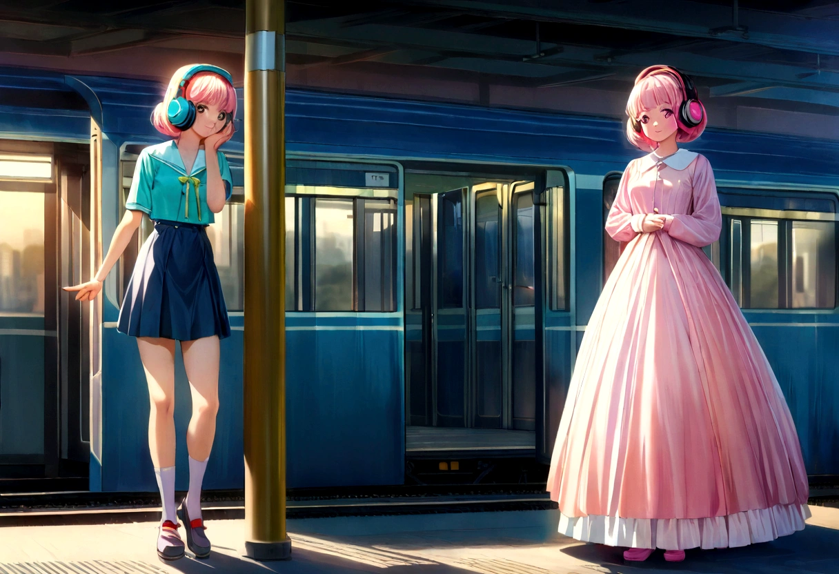 masterpiece, (((wearing headphones))). (anime girl posing). ((1990s anime)). ((City Pop girl)). Gorgeous features . Hyper detailed. High definition. Anime style. HDR. 8k. This contrast between the fantastical character and the more bold color scheme and elements gives the piece an intriguing narrative quality. painted realism, photorealistic, fantasy digital art,Render Related Information: 32K resolution,Expressive details, Season: summer, Time: Dawn, (((Waiting on the station platform to catch the train before going to school ))),full body,smile.Moonlight illuminates the dimly lit room.90s,short hair girl,beautiful girl,(((A woman whose back can be seen up to her waist))),（woman from behind）,