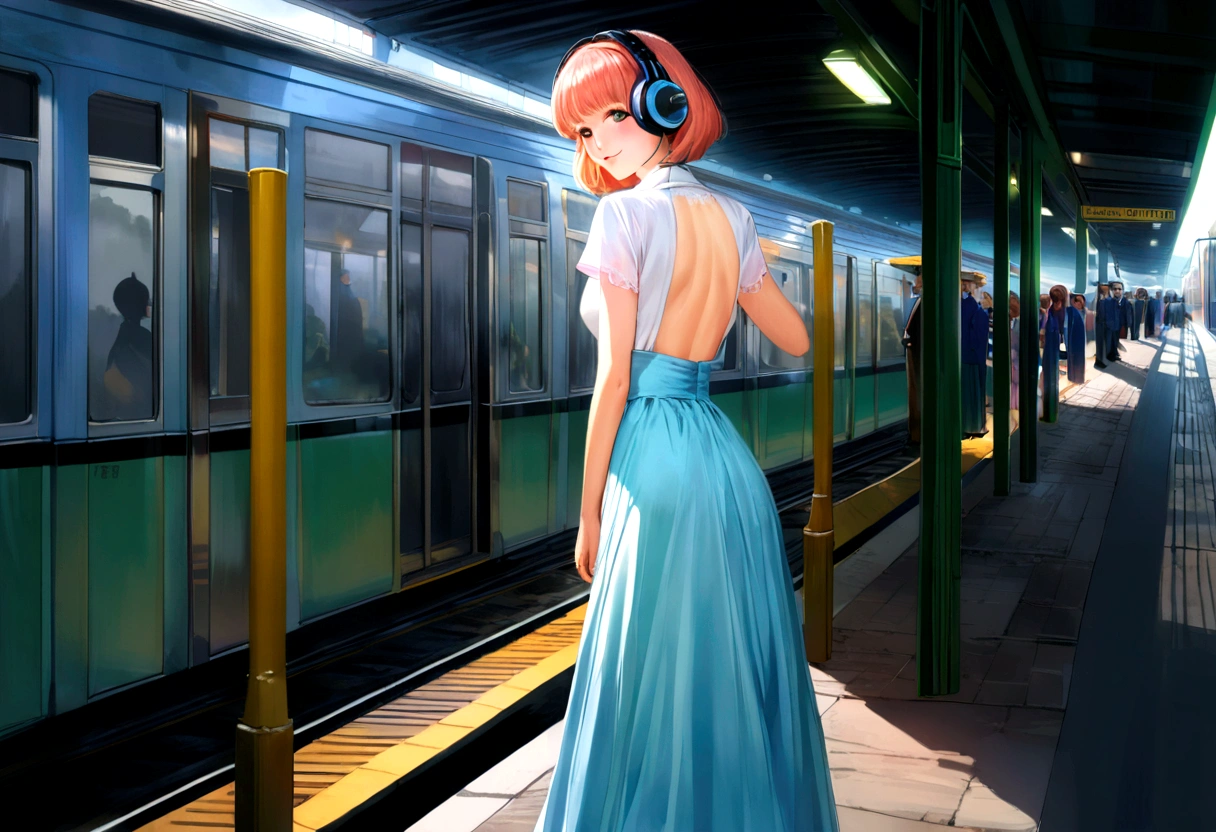 masterpiece, (((wearing headphones))). (anime girl posing). ((1990s anime)). ((City Pop girl)). Gorgeous features . Hyper detailed. High definition. Anime style. HDR. 8k. This contrast between the fantastical character and the more bold color scheme and elements gives the piece an intriguing narrative quality. painted realism, photorealistic, fantasy digital art,Render Related Information: 32K resolution,Expressive details, Season: summer, Time: Dawn, (((Waiting on the station platform to catch the train before going to school ))),full body,smile.Moonlight illuminates the dimly lit room.90s,short hair girl,beautiful girl,(((A woman whose back can be seen up to her waist))),(woman from behind),