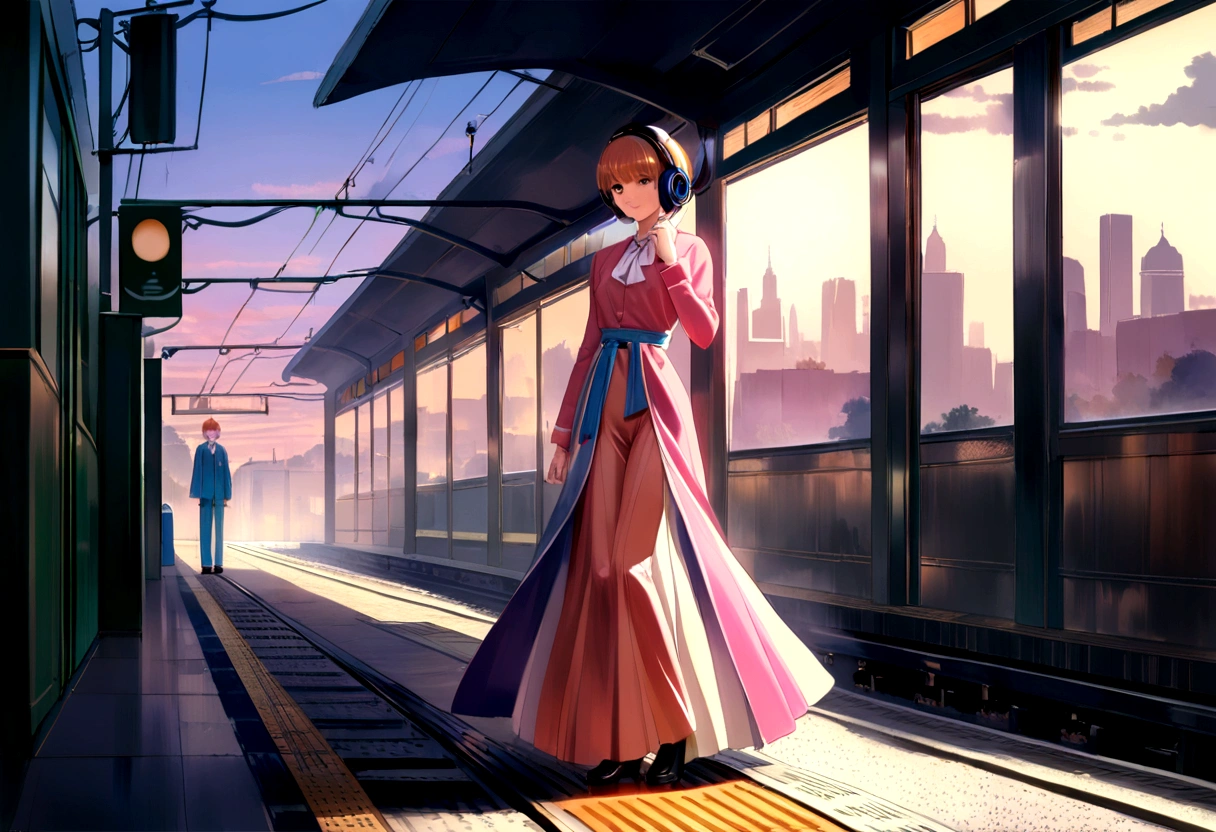 masterpiece, (((wearing headphones))). (anime girl posing). ((1990s anime)). ((City Pop girl)). Gorgeous features . Hyper detailed. High definition. Anime style. HDR. 8k. This contrast between the fantastical character and the more bold color scheme and elements gives the piece an intriguing narrative quality. painted realism, photorealistic, fantasy digital art,Render Related Information: 32K resolution,Expressive details, Season: summer, Time: Dawn, (((Waiting on the station platform to catch the train before going to school ))),full body,smile.Moonlight illuminates the dimly lit room.90s,short hair girl,beautiful girl,(((A woman whose back can be seen up to her waist))),（woman from behind）,