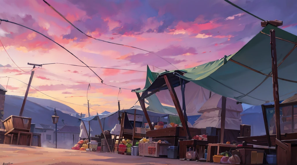 traditional market, market tents, butchery, (they sell human flesh, meats, bones), wooden table, wooden boxes, wooden basket, string, sand ground, dawn sky, dark morning,