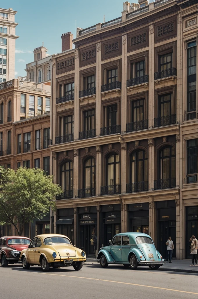 "A bustling modern cityscape where sleek, contemporary buildings stand tall. Interspersed among them are beautifully preserved vintage buildings with ornate facades and wrought-iron balconies, representing the past. On the street, people of different generations interact: some in modern attire, others dressed in classic vintage clothing. A vintage car parked next to a modern electric vehicle highlights the blend of eras. The overall atmosphere shows how the past and present coexist harmoniously, symbolizing the idea that the past is embraced and integrated into the living present."