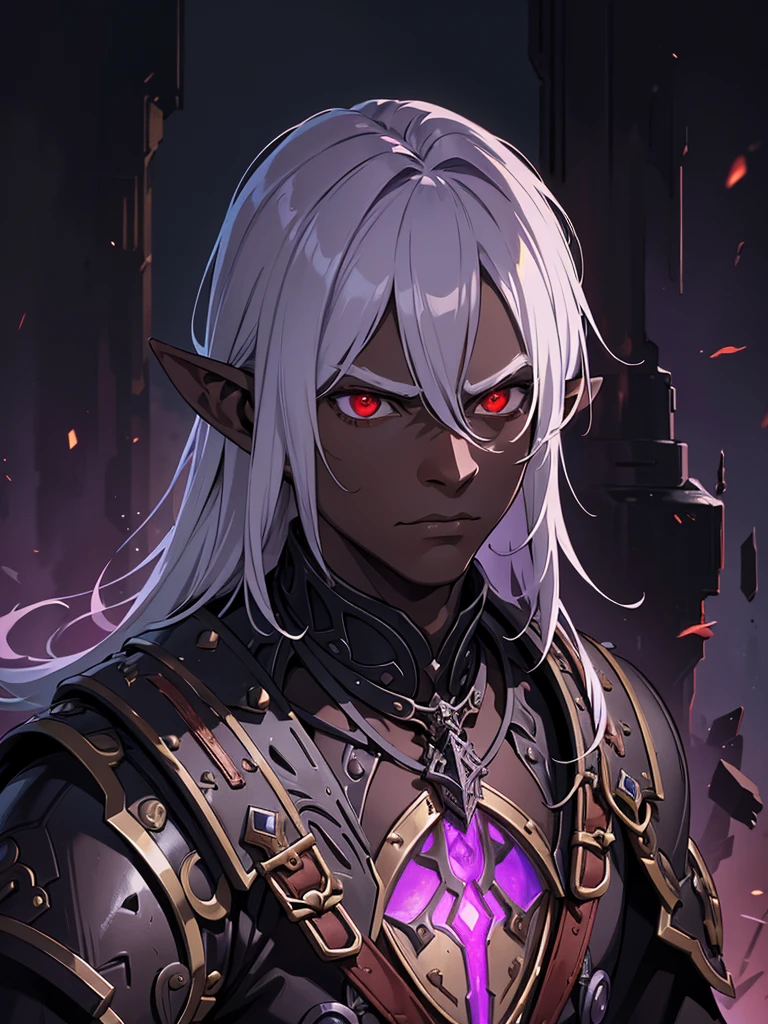 masterpiece, best quality, ultra high res, dark theme, 1boy, (dungeonpunk armor), (steampunk armor), (wearing armor)fantasy illustration, dark skinned, human, upper body, portrait, red eyes, long white hair, half-drow, pointy ears, serious face, young man, dramatic lighting, purple hue, art by Kinema Citrus