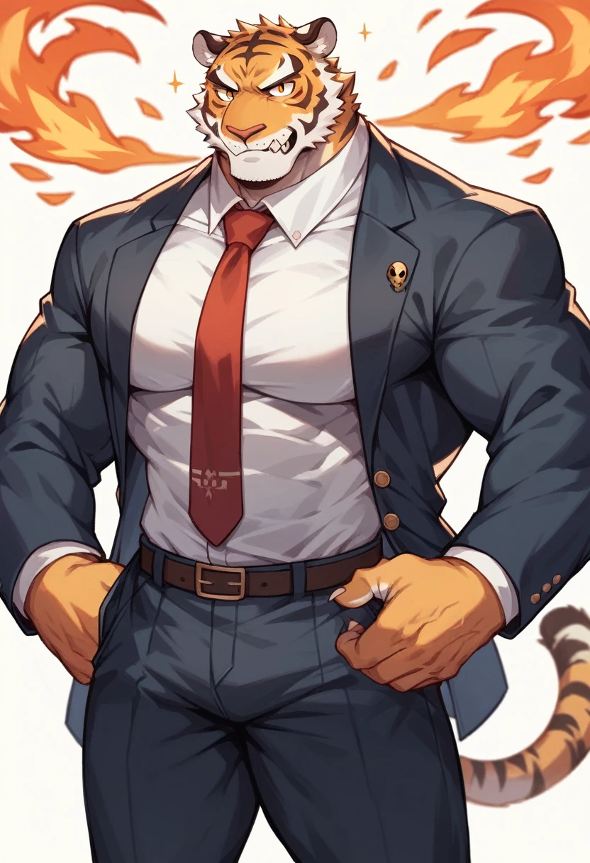 tiger, muscled with huge pecs , hugge torso , huge arms , with a skull head like with fire , in suit with a tie ans spikes