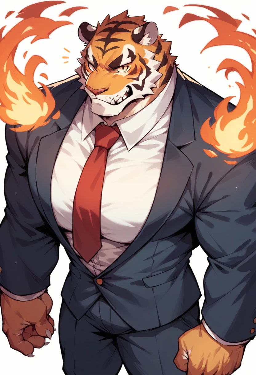tiger, muscled with huge pecs , hugge torso , huge arms , with a skull head like with fire , in suit with a tie ans spikes