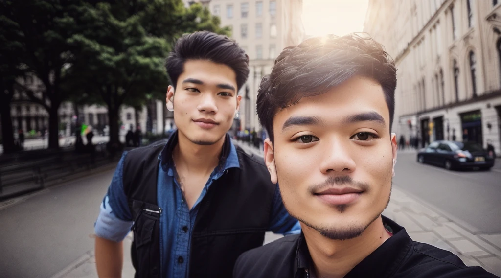 there are two men standing next to each other in a park, 8k selfie photograph, with accurate face, candid picture, very accurate photo, taken with sony alpha 9, selfie photography, very very low quality picture, photo taken with canon 5d, in city street, shot on nikon z9, very artistic pose, selfie photo, taken with the best dlsr camera
