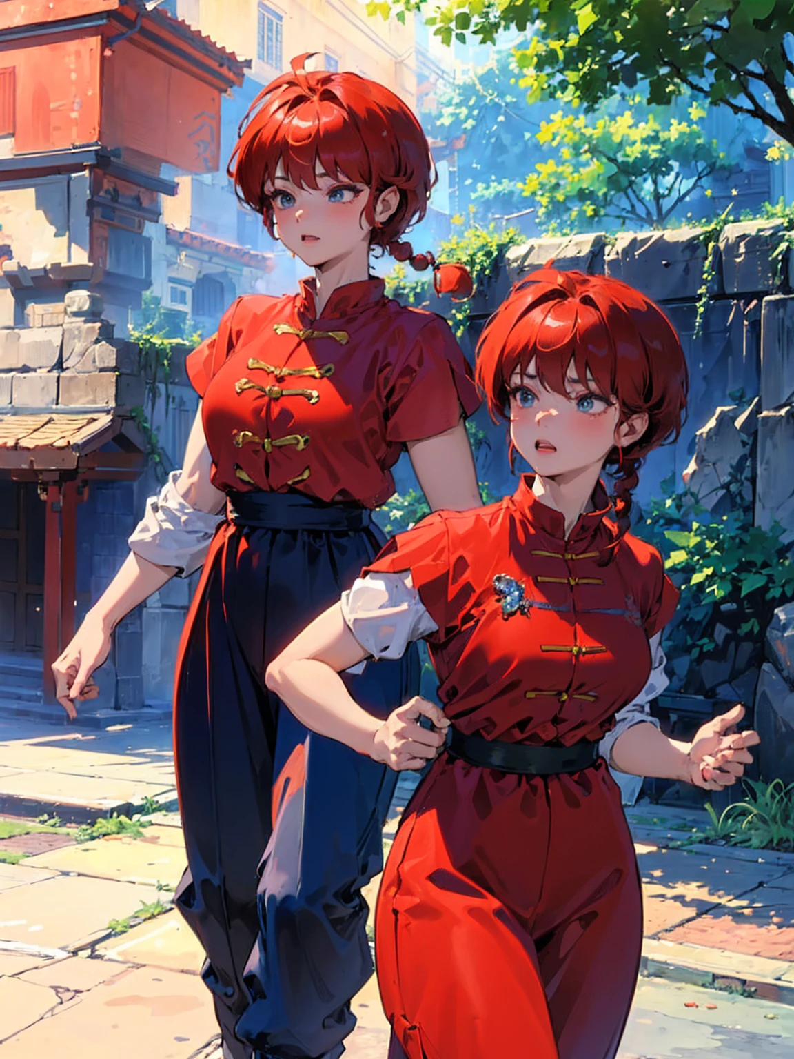 ((masterpiece:1.4)), expensive quality, very_expensive_solve, big_file size, Full Color, Thick outline, Clear contours, colorful, (Beautiful fine details, Are thin:1.4), ((Beautiful Face:1.0)), ((Boyish face:1.4)), 1 girl, (Ranma), (Redhead), short hair, (Braided Ponytail), ((bangs)), bumpy bangs, Blue-gray eyes, Big Breasts, Curvy, Ranma, Braided Ponytail, (Red Chinese Clothing, Short sleeves in red), No sleeve, Tangzhuang, (Black trousers), , Tangzhuang, (Black trousers), Are standing, ((, Are thin:1.4)), ((from the front:1.4)), Are thin:1.4