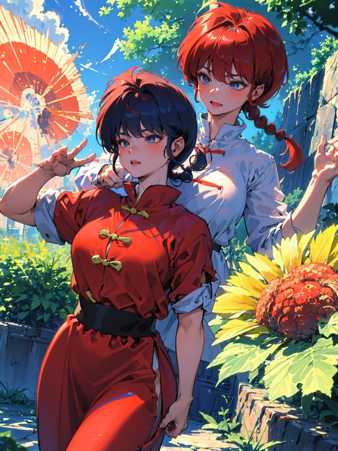 ((masterpiece:1.4)), expensive quality, very_expensive_solve, big_file size, Full Color, Thick outline, Clear contours, colorful, (Beautiful fine details, Are thin:1.4), ((Beautiful Face:1.0)), ((Boyish face:1.4)), 1 girl, (Ranma), (Redhead), short hair, (Braided Ponytail), ((bangs)), bumpy bangs, Blue-gray eyes, Big Breasts, Curvy, Ranma, Braided Ponytail, (Red Chinese Clothing, Short sleeves in red), No sleeve, Tangzhuang, (Black trousers), , Tangzhuang, (Black trousers), Are standing, ((, Are thin:1.4)), ((from the front:1.4)), Are thin:1.4

