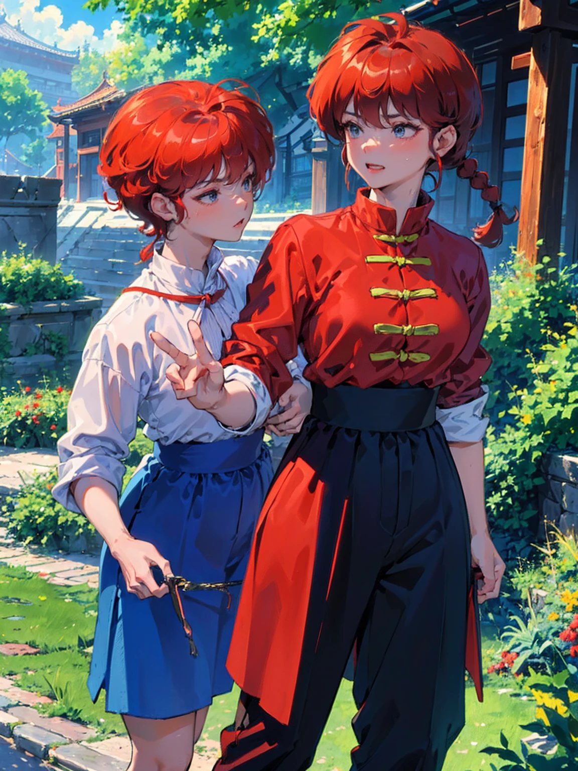((masterpiece:1.4)), expensive quality, very_expensive_solve, big_file size, Full Color, Thick outline, Clear contours, colorful, (Beautiful fine details, Are thin:1.4), ((Beautiful Face:1.0)), ((Boyish face:1.4)), 1 girl, (Ranma), (Redhead), short hair, (Braided Ponytail), ((bangs)), bumpy bangs, Blue-gray eyes, Big Breasts, Curvy, Ranma, Braided Ponytail, (Red Chinese Clothing, Short sleeves in red), No sleeve, Tangzhuang, (Black trousers), , Tangzhuang, (Black trousers), Are standing, ((, Are thin:1.4)), ((from the front:1.4)), Are thin:1.4