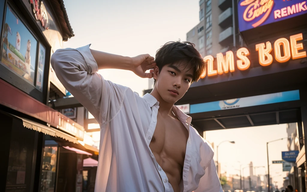 In the midst of a city at dusk, a young Chinese boy stands on a cobblestone street, bathed in the warm, orange glow of the setting sun. The sky behind him is painted with hues of pink and orange, casting a dreamlike filter over the scene.

His hair is straight and natural, with bangs softly brushed by a gentle breeze. His face is youthful and clean-shaven, exuding an innocent charm. He wears a simple white T-shirt that clings to his muscular frame, highlighting his well-defined pecs and strong muscles. He is dressed in shorts, which show off his athletic legs. His hands rest casually at his sides, conveying a relaxed and confident demeanor.

Behind him, the lively street is lined with shops and neon lights that twinkle in various colors. People hustle and bustle, but he seems detached from the commotion. His gaze is soft and contemplative, fixed on the distant horizon, as if lost in thought. A faint smile plays on his lips, though his eyes reveal a hint of sadness and nostalgia.
((depth of field)),((open and vast place)),telephoto lens,(((close-up))),(chest focus),(((perspective from below))),(simple background),(simple color),((blurry)),(horizon),
 1boy,cool guy,peaceful,((floating short hair)),((((bangs)))),(((soft clean hair))),(((silky skin))) ,((smooth skin)) ,clean body,(clean face),((smooth face)),(natural pretty face),((adam's apple)),((looking at you)),((solo)),(teenage),(wind),(chin up),(hopeful),
((skin tight )),(mini white shirt),see-through,
(narrow waist),slender waist,muscular,(broad shoulders),((huge wide chest)),(((huge plump chest)))