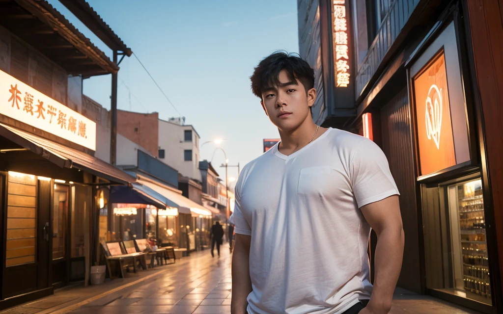 In the midst of a city at dusk, a young Chinese boy stands on a cobblestone street, bathed in the warm, orange glow of the setting sun. The sky behind him is painted with hues of pink and orange, casting a dreamlike filter over the scene.

His hair is straight and natural, with bangs softly brushed by a gentle breeze. His face is youthful and clean-shaven, exuding an innocent charm. He wears a simple white T-shirt that clings to his muscular frame, highlighting his well-defined pecs and strong muscles. He is dressed in shorts, which show off his athletic legs. His hands rest casually at his sides, conveying a relaxed and confident demeanor.

Behind him, the lively street is lined with shops and neon lights that twinkle in various colors. People hustle and bustle, but he seems detached from the commotion. His gaze is soft and contemplative, fixed on the distant horizon, as if lost in thought. A faint smile plays on his lips, though his eyes reveal a hint of sadness and nostalgia.
((depth of field)),((open and vast place)),telephoto lens,(((close-up))),(chest focus),(((perspective from below))),(simple background),(simple color),((blurry)),(horizon),
 1boy,cool guy,peaceful,((floating short hair)),((((bangs)))),(((soft clean hair))),(((silky skin))) ,((smooth skin)) ,clean body,(clean face),((smooth face)),(natural pretty face),((adam's apple)),((looking at you)),((solo)),(teenage),(wind),(chin up),(hopeful),
((skin tight open shirt)),(mini white shirt),see-through,
(narrow waist),slender waist,muscular,(broad shoulders),((huge wide chest)),(((huge plump chest)))