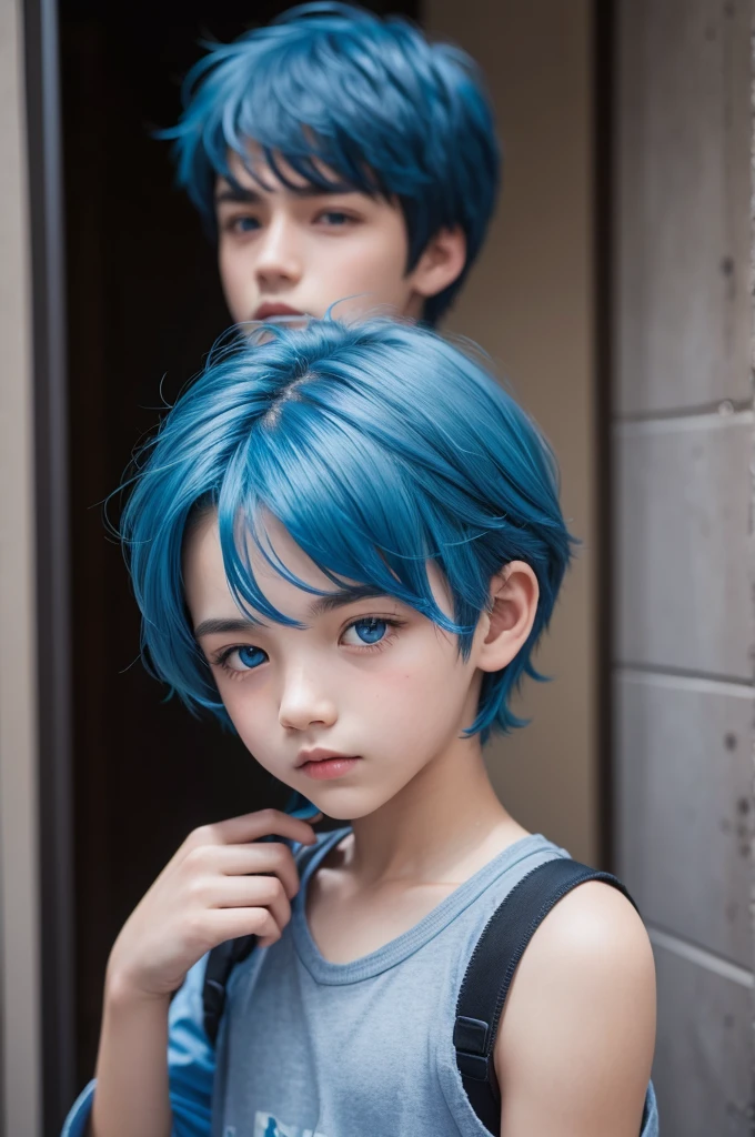 Brunette boy with blue hair
