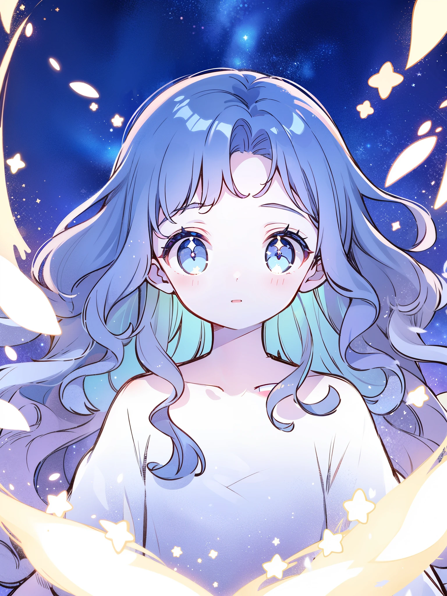 angel girl wearing an ethereal translucent dress, pale skin, ((blue mint wavy hair)), white feathers, angel wings, sparkling detailed eyes, golden ratio face, perfect composition, highly detailed, ethereal, (starry night sky background), midjourney style