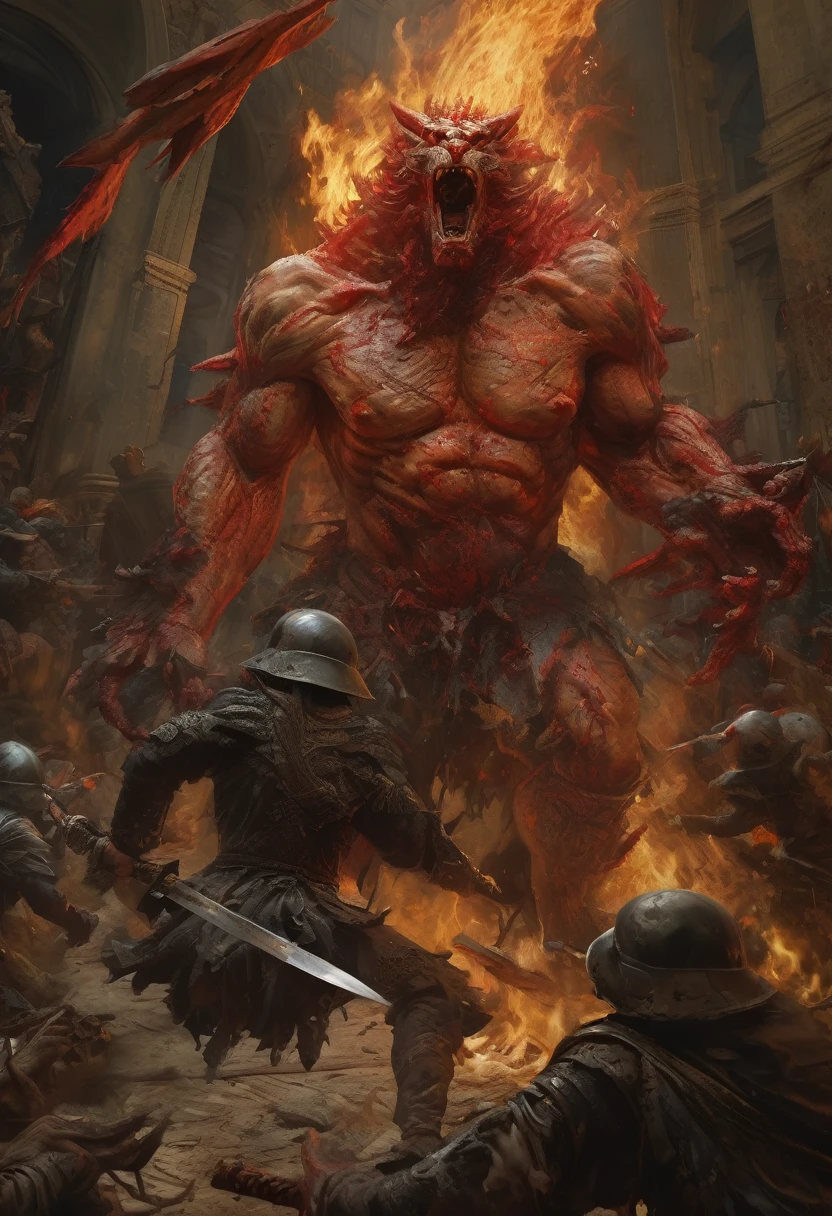 (Award-winning masterpiece:1.5), (incredible detail), (hyper realistic:1.4), (whole body:1.7), (brutal creature being struck down), (witches with bloodied weapons), (creature's roar of agony), (detailed depiction of the final strike), (dramatic lighting), (intricate details:1.1)