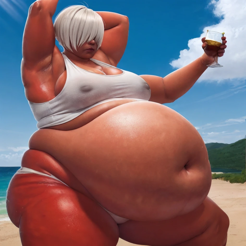 Cherry red skin all over, Thicc, obese, white hair ((wearing white tank top)), hair over eyes, struggling frown of effort, ((body blemishes)), voluptuous woman, perfect hands, perfect face, smile, (anatomically correct), (Perfect/ realistic proportions:1.2), (overwhelmingly fat arms, obese face), arm up, ((extremely widest ???? possible!)), ((extremely massive thick thighs, morbidly large belly), belly overhang!, stretch marks)), (1080P, 4k UHD, Masterpiece:2.1!) ((single)), background: tilted towers