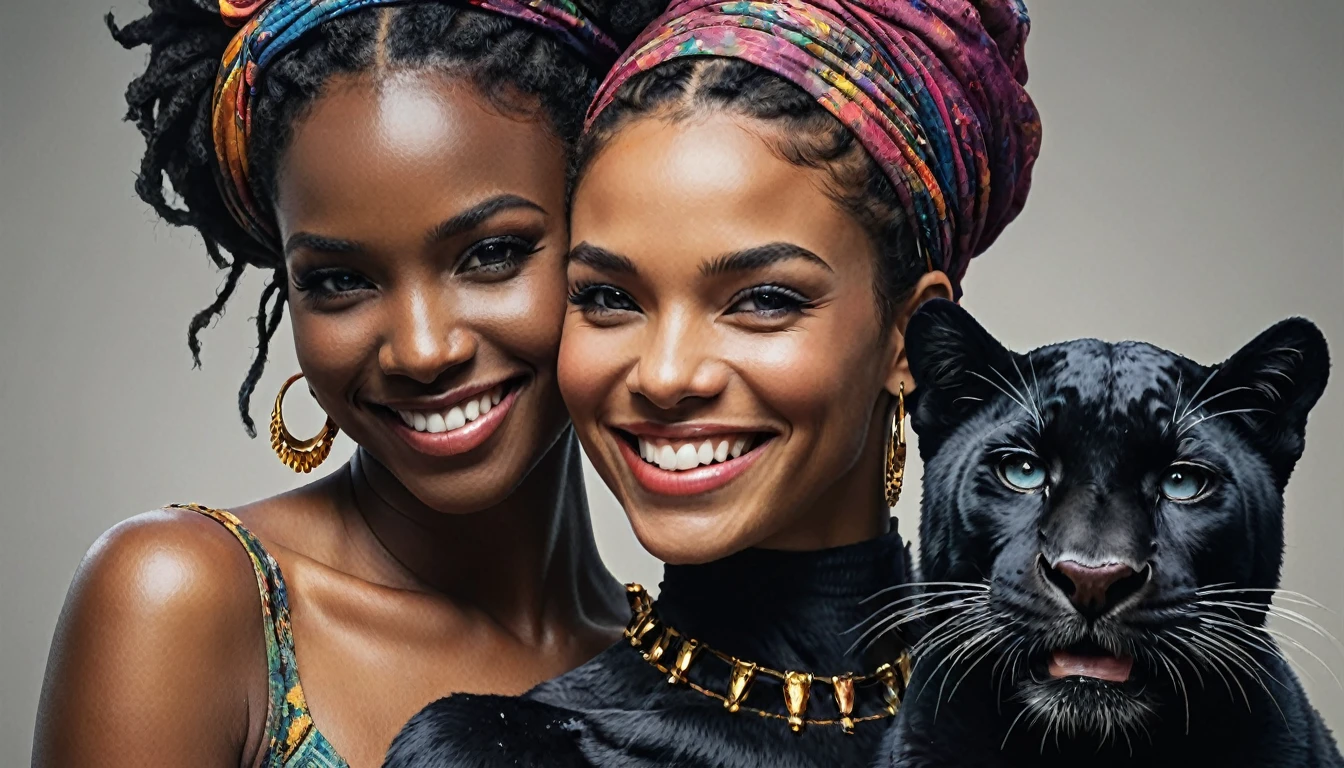 half body,
a woman smile with her best friend her Black Panther,
dark complex background, style by Thomas Kinkade+David A. Hardy+Carne Griffiths+Mandy Disher half vivid colors fine art, best quality, high detailed, detailed faces, 2d,