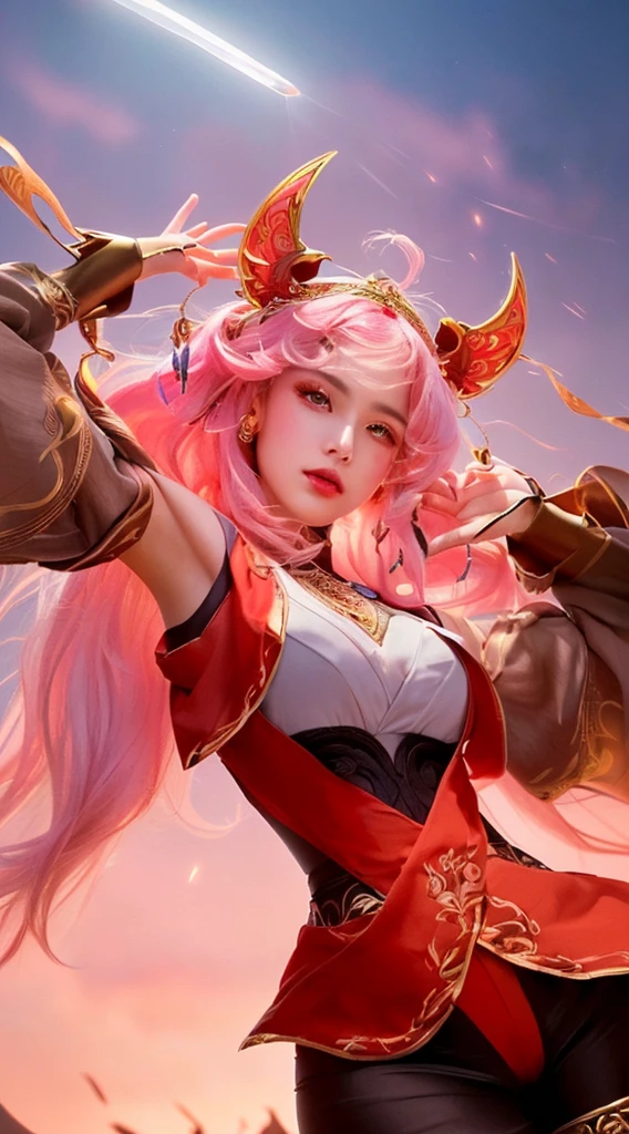 a close up portrait of a beautiful girl with long pink hair,extremely detailed and realistic face and eyes,delicate facial features,elegant onmyoji outfit,ornate headdress,mystical aura,dramatic lighting,cinematic composition,highly detailed,photorealistic,masterpiece,8k,ultra-detailed,studio lighting,vibrant colors,fantasy,digital art