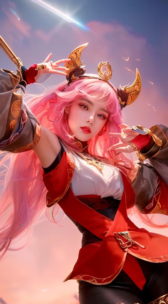 a close up portrait of a beautiful girl with long pink hair,extremely detailed and realistic face and eyes,delicate facial features,elegant onmyoji outfit,ornate headdress,mystical aura,dramatic lighting,cinematic composition,highly detailed,photorealistic,masterpiece,8k,ultra-detailed,studio lighting,vibrant colors,fantasy,digital art