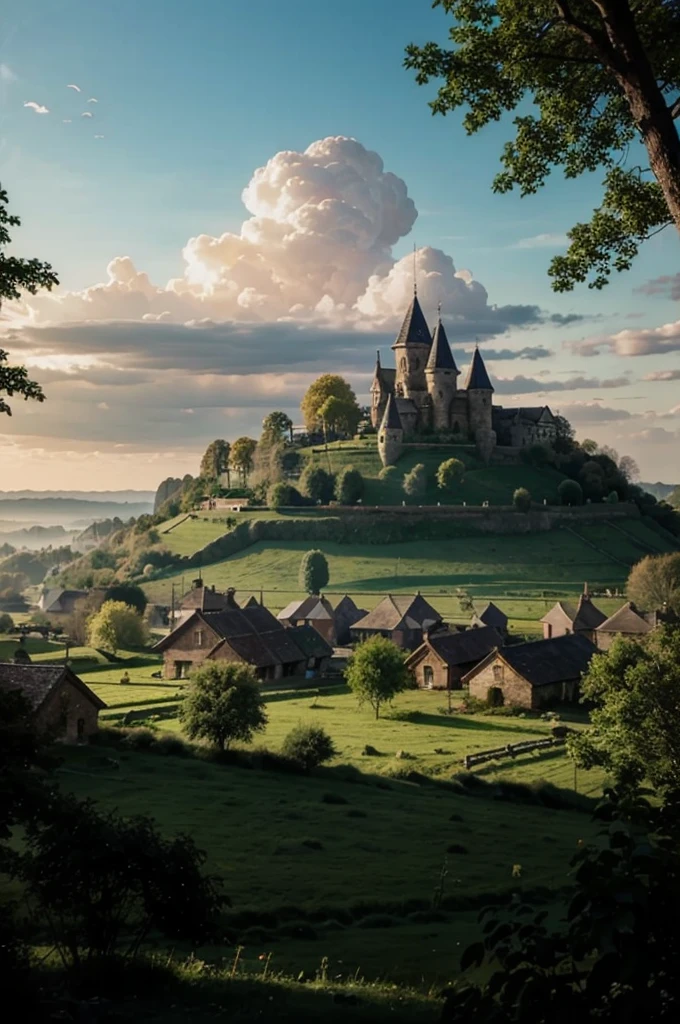 Fantasy forest with small village in the far distant