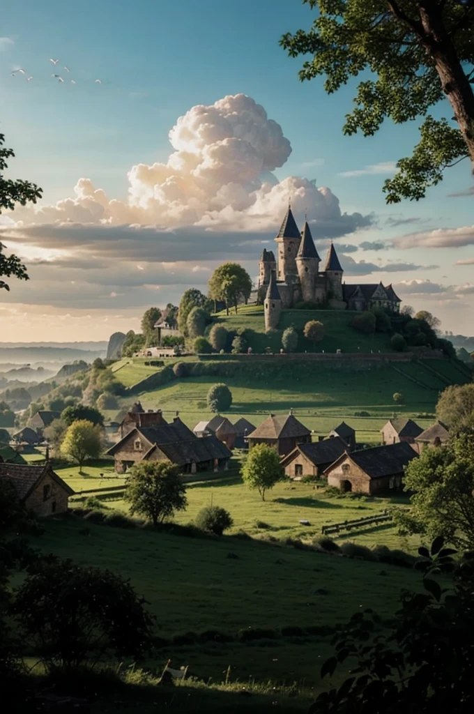 Fantasy forest with small village in the far distant