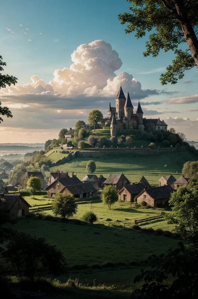 Fantasy forest with small village in the far distant