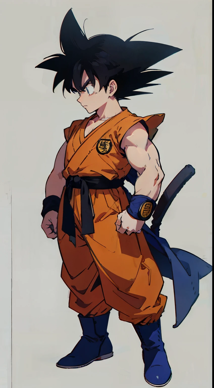 Multi view, front view, front view, side view, rear view, concept art, 1boy, male focus, solo, black hair, kim dokja, full body, white background, spiked hair, boots, exercise suit, standing, simple background, wristband, goku, hands clenched, arms sides, super saiyan 1, belt, blue footwear