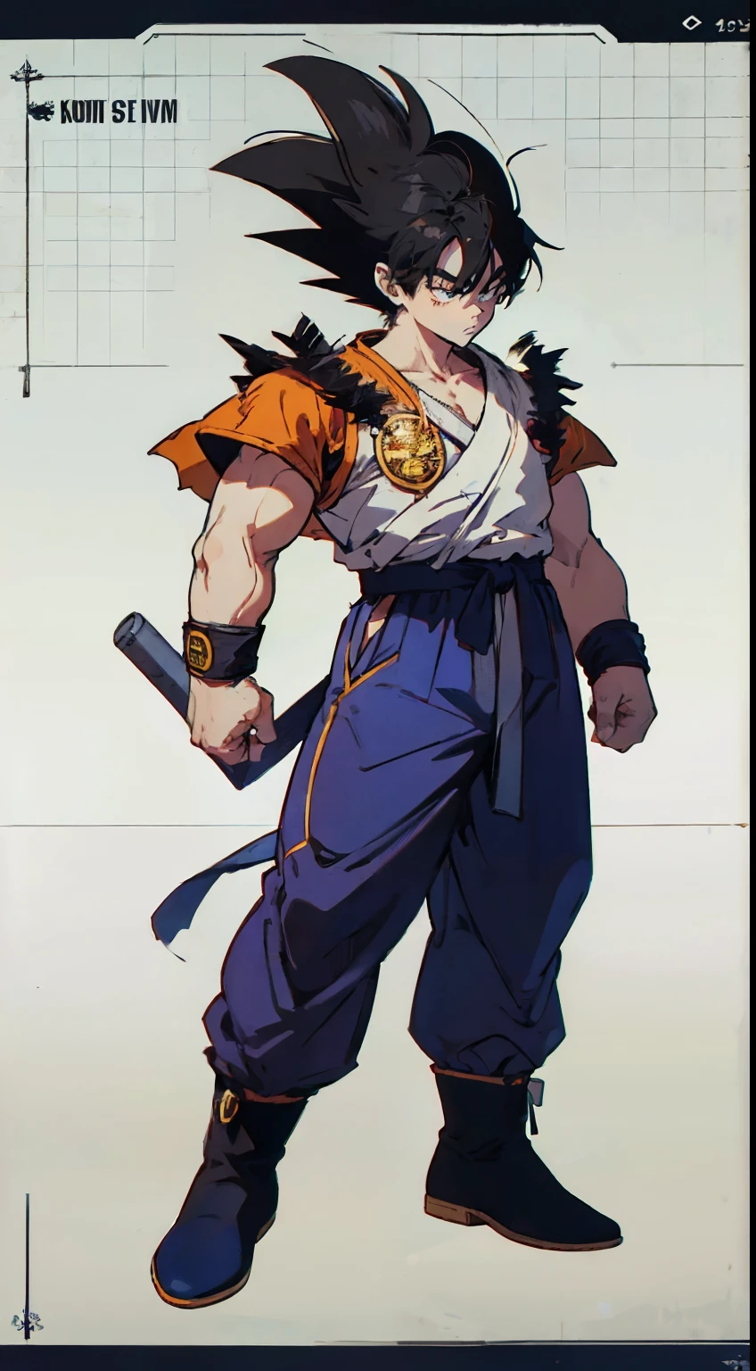 Multi view, front view, front view, side view, rear view, concept art, 1boy, male focus, solo, black hair, kim dokja, full body, white background, spiked hair, boots, exercise suit, standing, simple background, wristband, goku, hands clenched, arms sides, super saiyan 1, belt, blue footwear