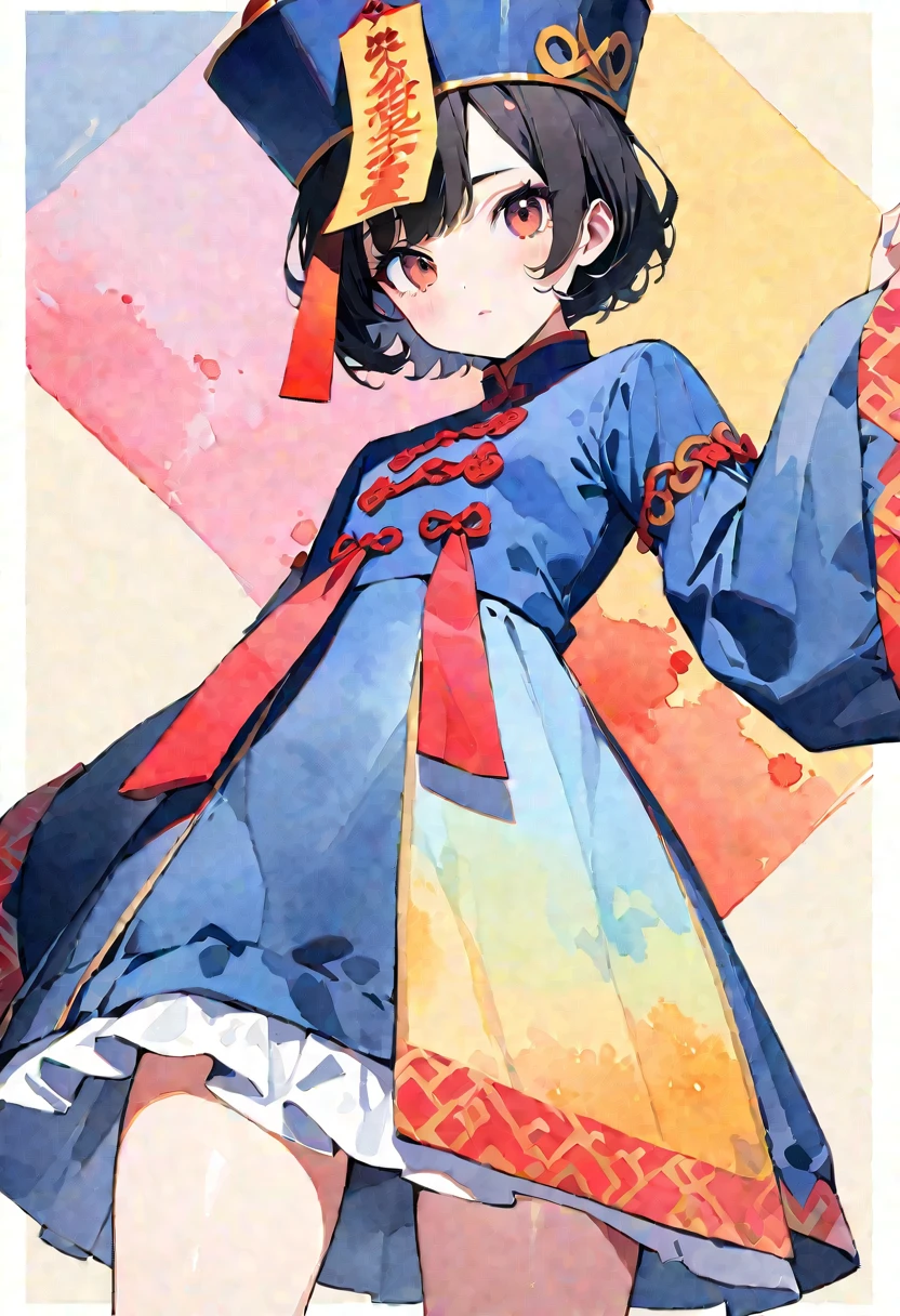 Pop Art,flat design,(masterpiece, best quality:1.1),
(Ultra-high resolution, Extremely detailed:1.2) ,Cute Jiangshi,NavyHair,Wavy short hair,(watercolor:1.3),