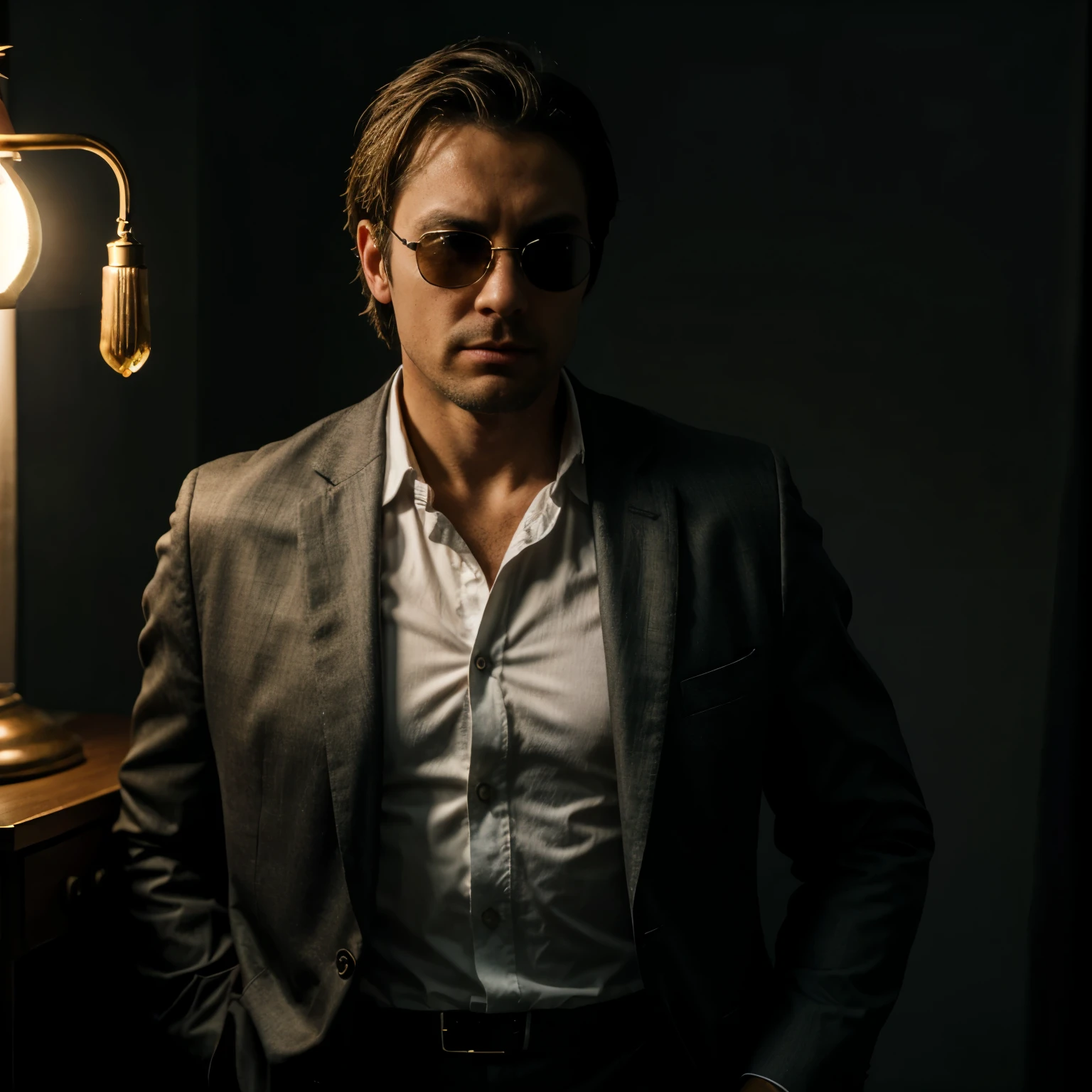 social maffia, bureau, business photo of lawyer (Man) with sunglasses, extrem light from lamp, dark room