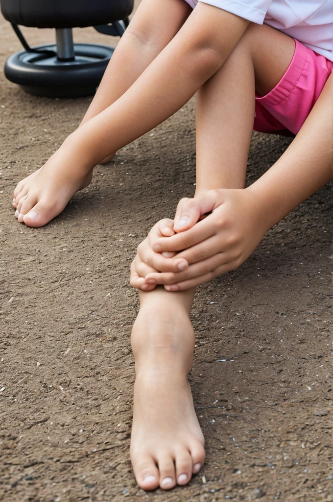 Help me do some kids who are exercising that involve using one hand to touch the opposite pinky or foot.