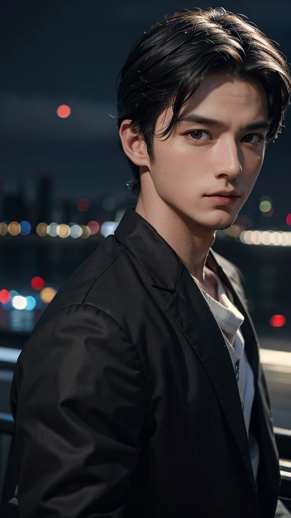 Highest quality, masterpiece, Ultra-high resolution, (Realistic:1.4), RAW Photos, Young and handsome men, Black Hair, (Night city background:1.2)