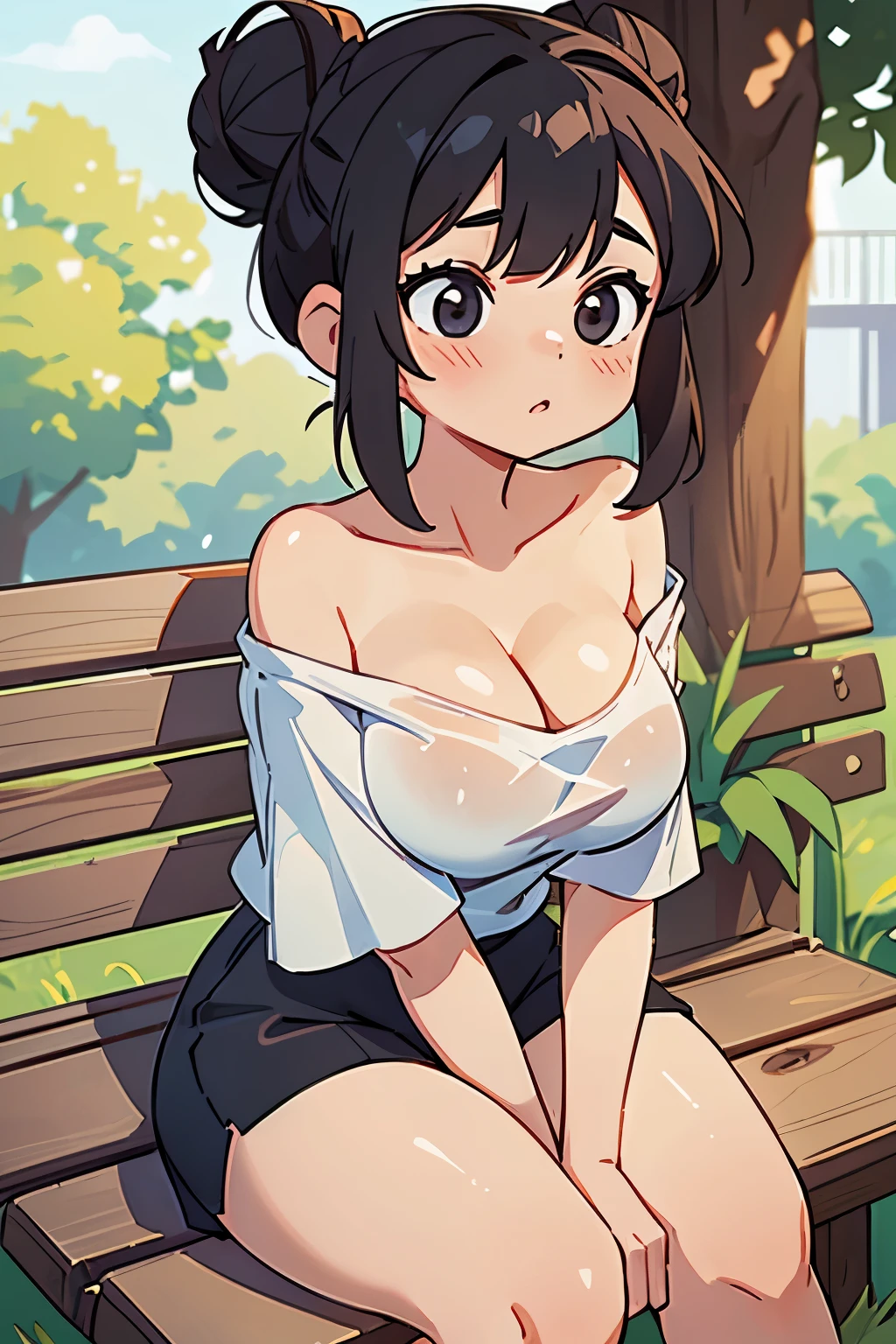 21yo girl, black hair, bun Hair. (Wearing white oversized t-shirt, off-shoulders, show cleavage), natural big breast, show big thigh, plump body, sitting on a bench, seductive pose. In the park.